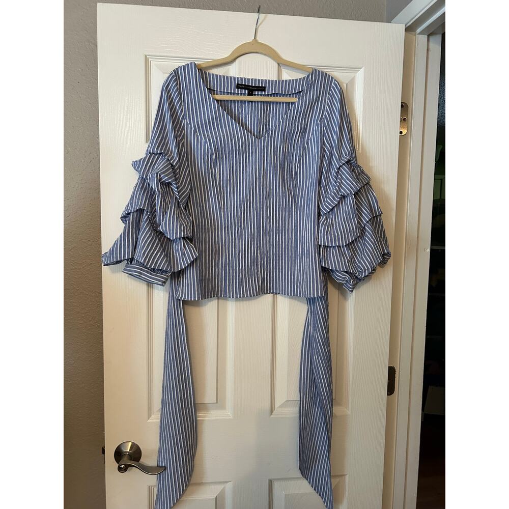 White House Black Market Size 8 Blue Stripe Ruffle Sleeve Bow Back Blouse - Picture 2 of 10